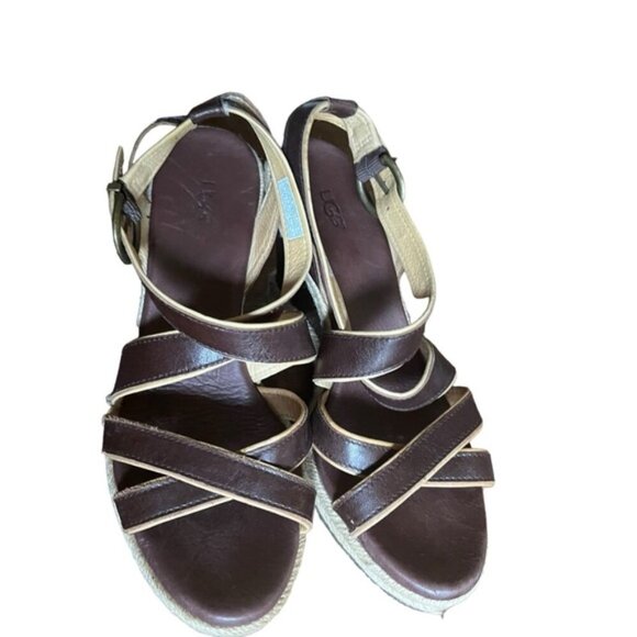 UGG Isabella Wedge Sandals Size 6 Brown Leather Strappy - Picture 7 of 14